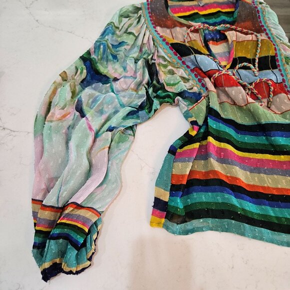 Bl^nk Elouera Peasant Blouse X-Small Oversuzed Stripe Embroidered Boho - Picture 7 of 12